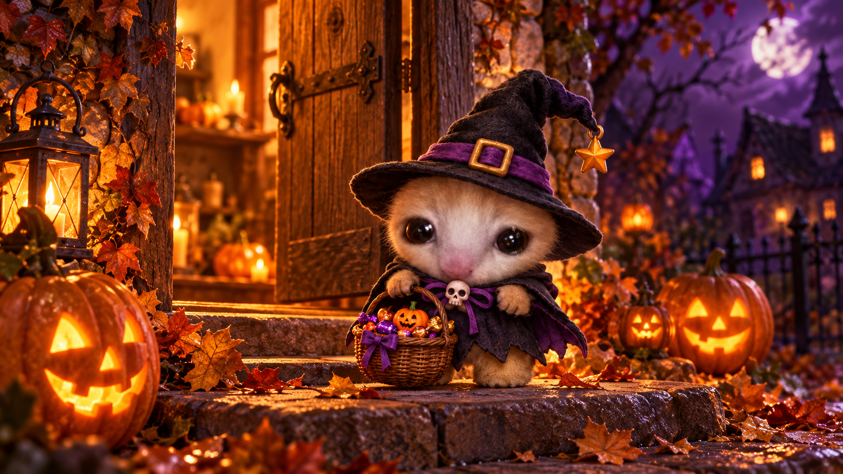 Miniwitch with a candy basket on a warmly lit doorstep on Halloween night