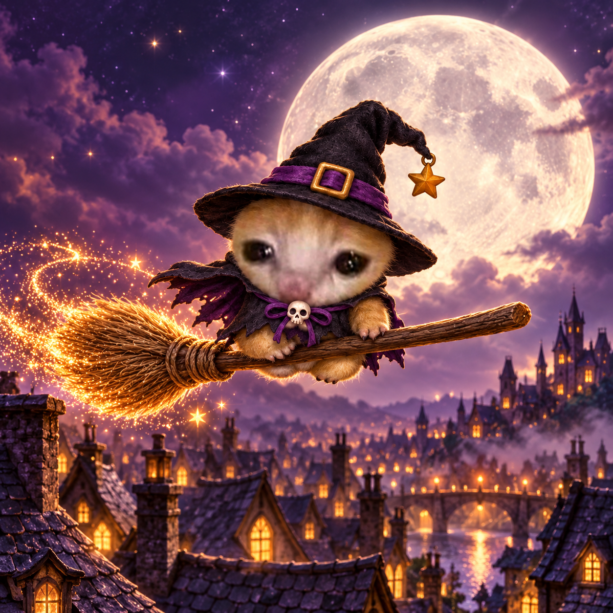 Miniwitch flying on a broom over moonlit Halloween rooftops