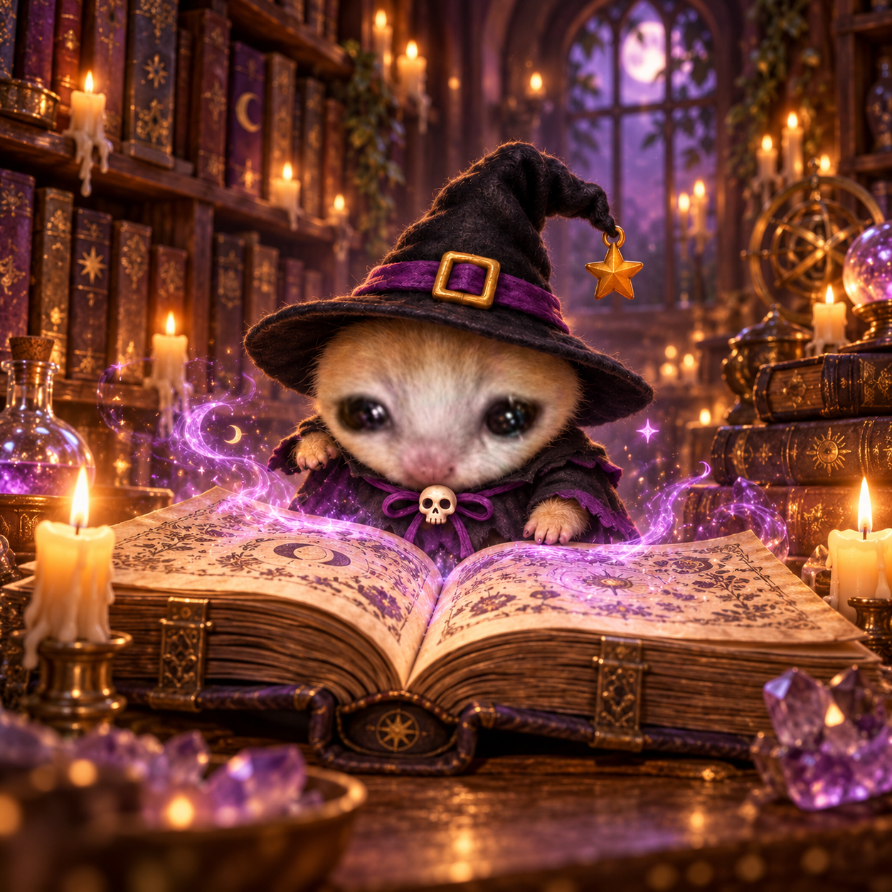 Miniwitch reading an old spellbook in a warmly lit magical library
