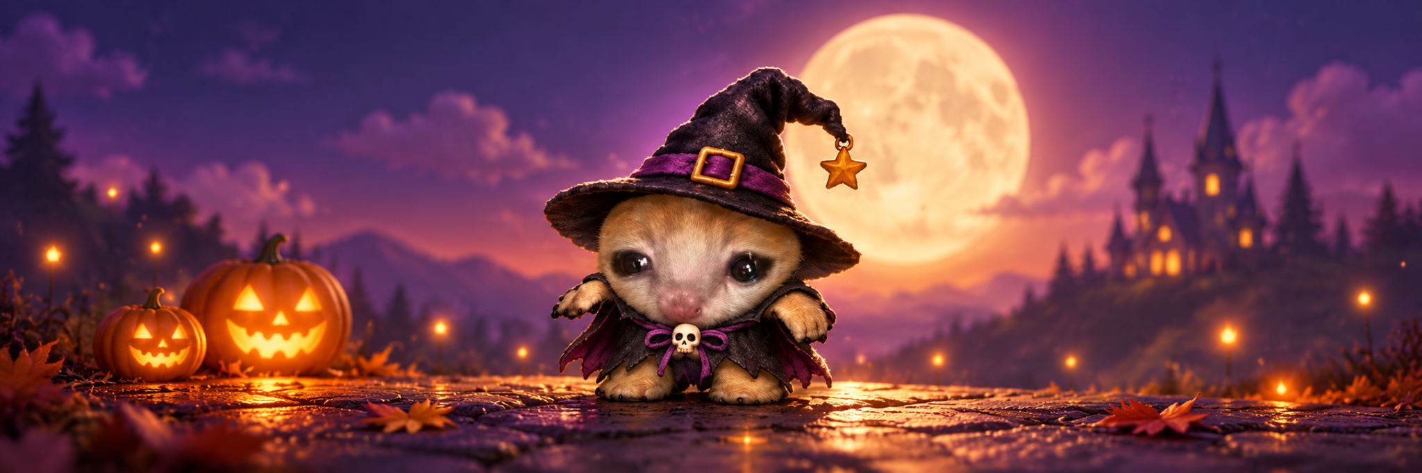 Miniwitch beneath an amber full moon with glowing pumpkins and a distant castle