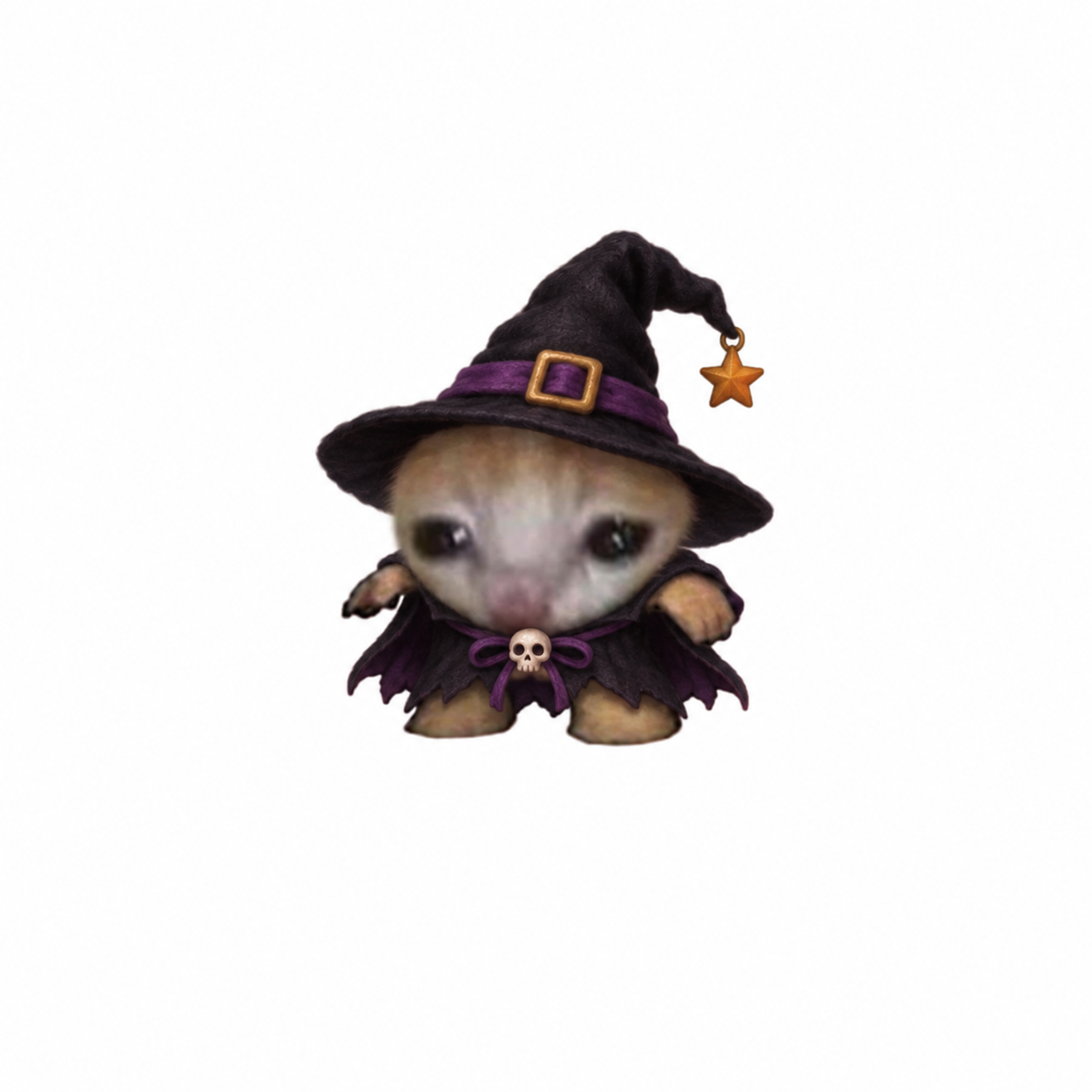 Miniwitch in her black witch hat, purple cape and golden star charm