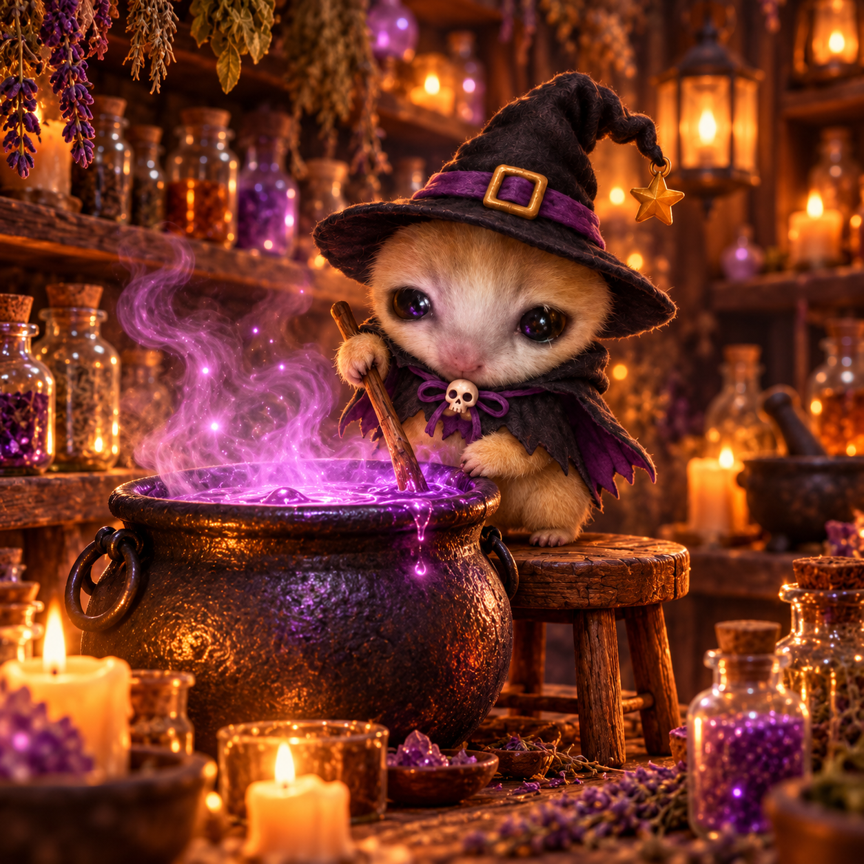 Miniwitch brewing a glowing potion in her Halloween workshop