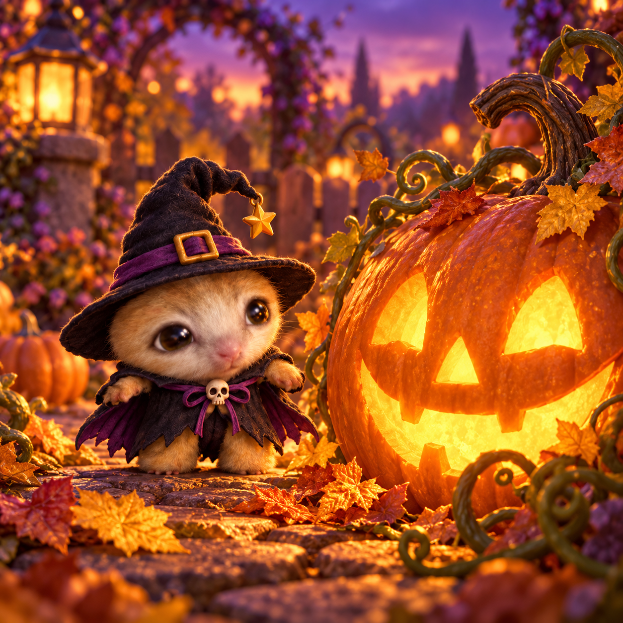 Tiny Miniwitch beside an oversized glowing pumpkin in an autumn garden